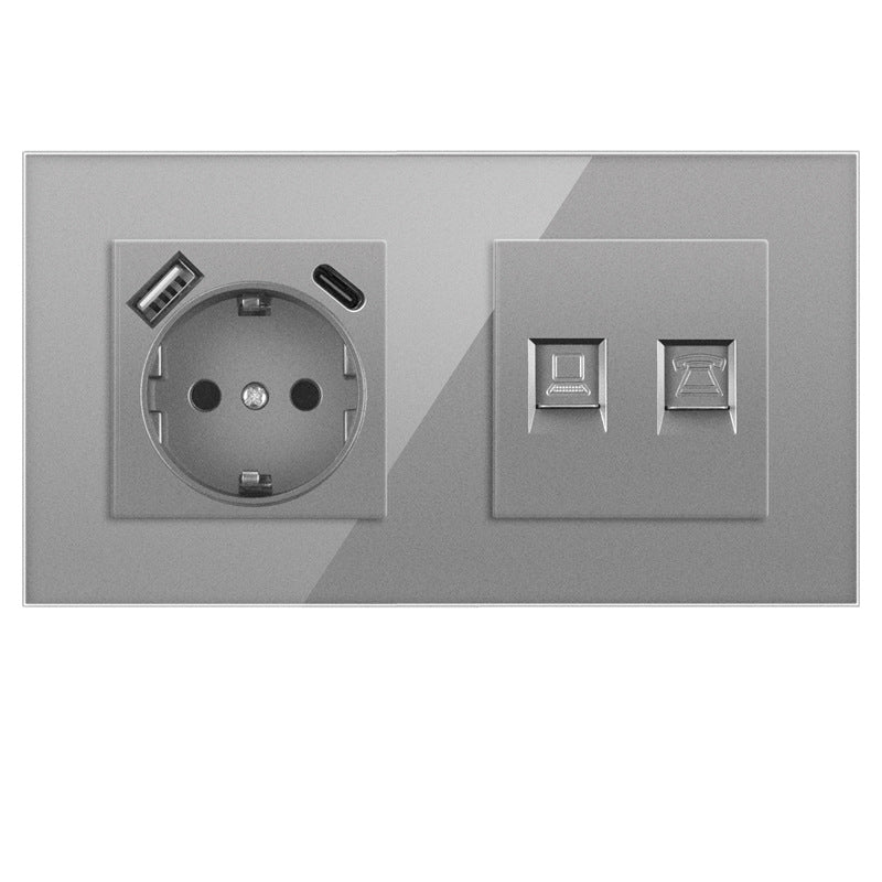 AnjieloSmart European standard 86mm German-style socket + CAT3 TV RJ45 tempered glass wall connector + computer internet