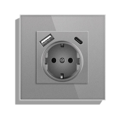 AnjieloSmart Type 82 European standard German-style USB Type-C integrated wall power socket, 16A, concealed mounting, glass panel.