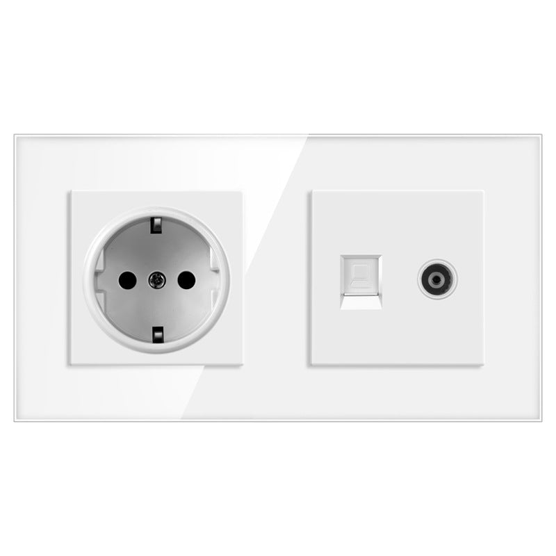 AnjieloSmart European standard 86mm German-style socket + CAT3 TV RJ45 tempered glass wall connector + computer internet