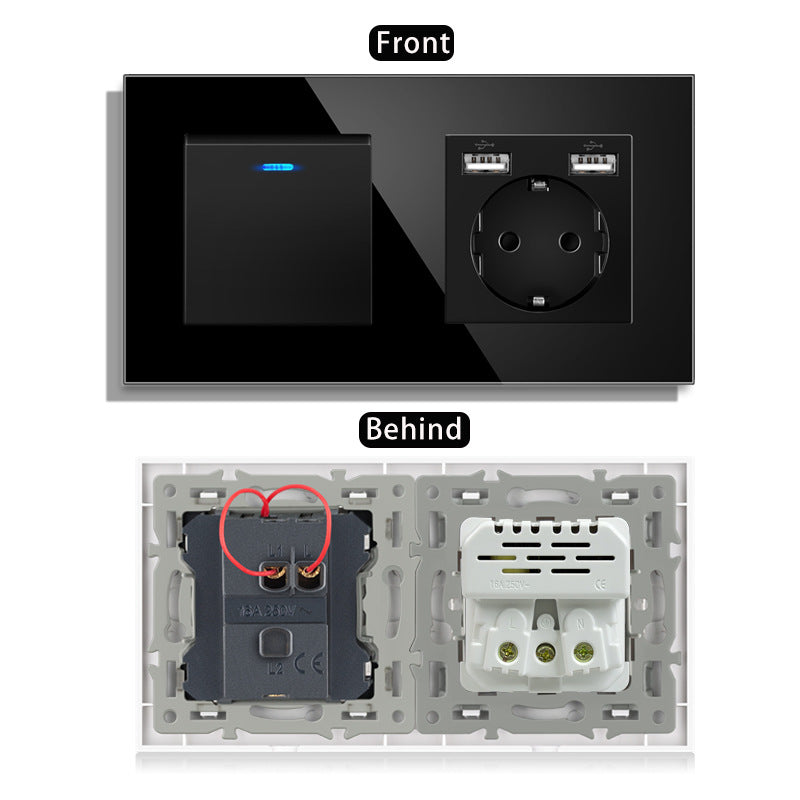 AnjieloSmart 220V 16A wall socket with toggle switch and USB port, 153*86 glass panel with light switch