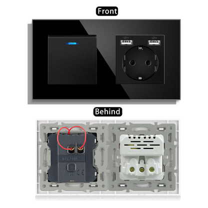 AnjieloSmart 220V 16A wall socket with toggle switch and USB port, 153*86 glass panel with light switch