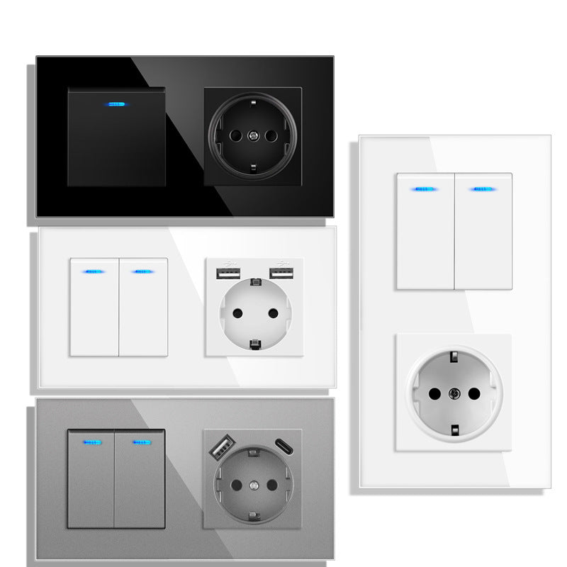 AnjieloSmart 220V 16A wall socket with toggle switch and USB port, 153*86 glass panel with light switch