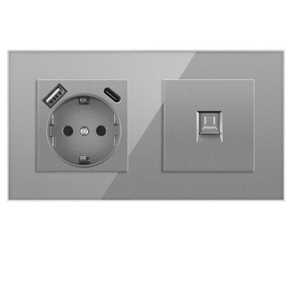 AnjieloSmart European standard 86mm German-style socket + CAT3 TV RJ45 tempered glass wall connector + computer internet