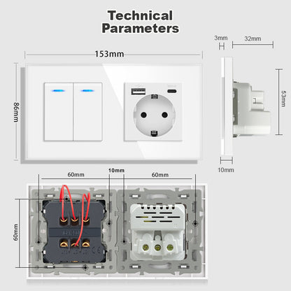 AnjieloSmart 220V 16A wall socket with toggle switch and USB port, 153*86 glass panel with light switch