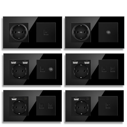 AnjieloSmart European standard 86mm German-style socket + CAT3 TV RJ45 tempered glass wall connector + computer internet