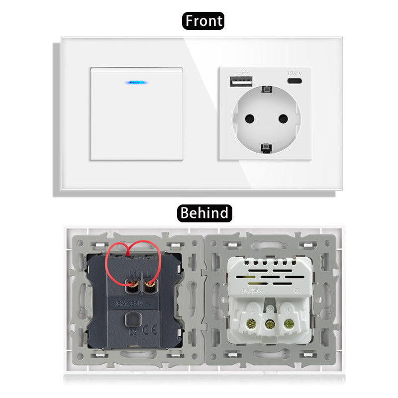 AnjieloSmart 220V 16A wall socket with toggle switch and USB port, 153*86 glass panel with light switch