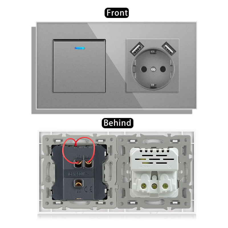 AnjieloSmart 220V 16A wall socket with toggle switch and USB port, 153*86 glass panel with light switch