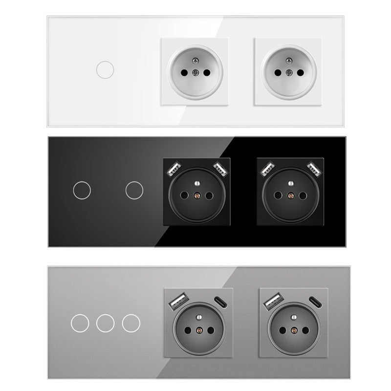 AnjieloSmart Touch sensor French style switch, 228*86mm with socket, crystal glass panel, 16A socket switch