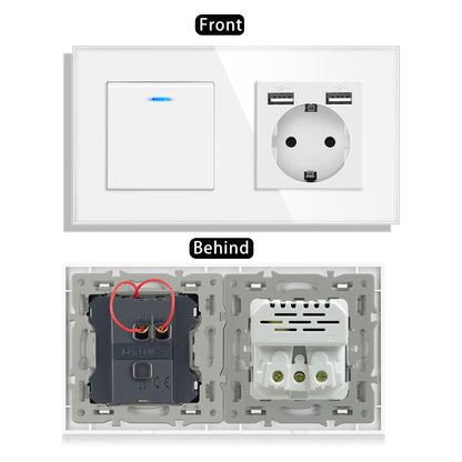 AnjieloSmart 220V 16A wall socket with toggle switch and USB port, 153*86 glass panel with light switch