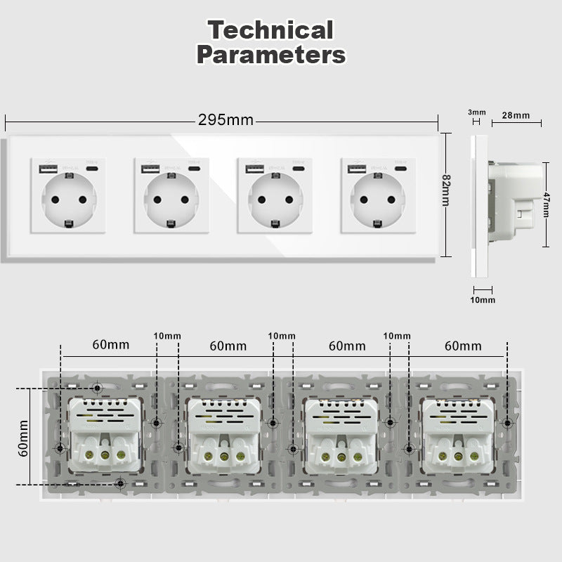 AnjieloSmart Type 82 European standard German-style USB Type-C integrated wall power socket, 16A, concealed mounting, glass panel.