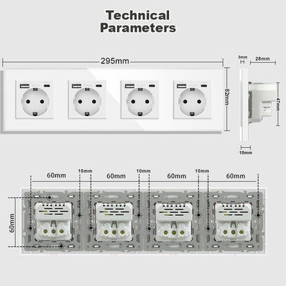 AnjieloSmart Type 82 European standard German-style USB Type-C integrated wall power socket, 16A, concealed mounting, glass panel.