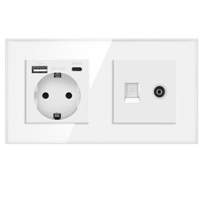 AnjieloSmart European standard 86mm German-style socket + CAT3 TV RJ45 tempered glass wall connector + computer internet