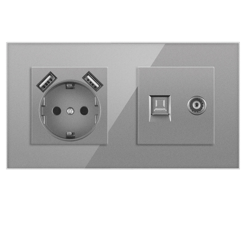 AnjieloSmart European standard 86mm German-style socket + CAT3 TV RJ45 tempered glass wall connector + computer internet