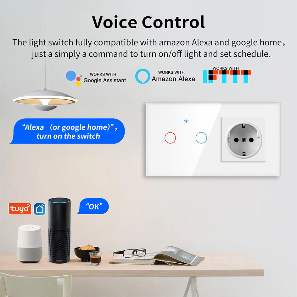 AnjieloSmart 157 European Standard WIFI Smart Switch Socket Single Round Tempered Glass Graffiti APP Voice Switch Panel for Smart Home