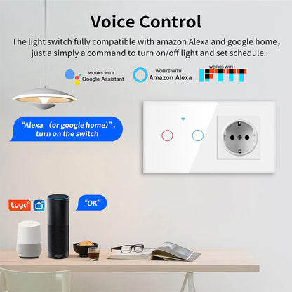 AnjieloSmart 157 European Standard WIFI Smart Switch Socket Single Round Tempered Glass Graffiti APP Voice Switch Panel for Smart Home