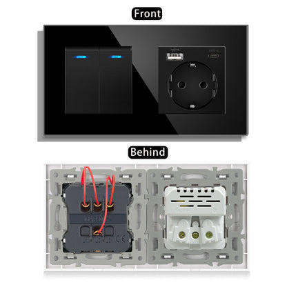 AnjieloSmart 220V 16A wall socket with toggle switch and USB port, 153*86 glass panel with light switch