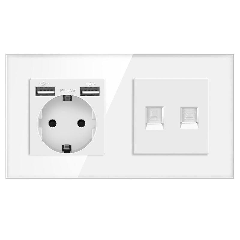 AnjieloSmart European standard 86mm German-style socket + CAT3 TV RJ45 tempered glass wall connector + computer internet
