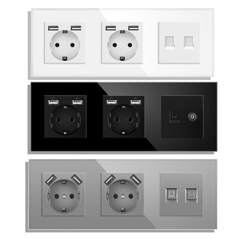 AnjieloSmart Type 82 European standard socket, German style, with USB port, TV/CAT6 internet RJ45 computer connection, and glass frame.