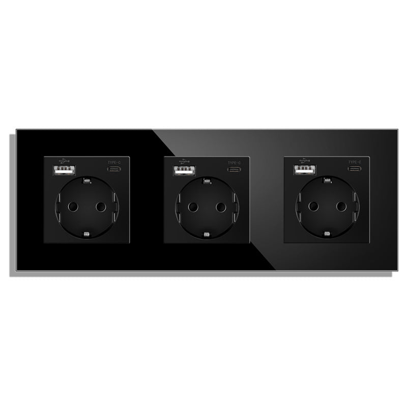 AnjieloSmart Type 82 European standard German-style USB Type-C integrated wall power socket, 16A, concealed mounting, glass panel.