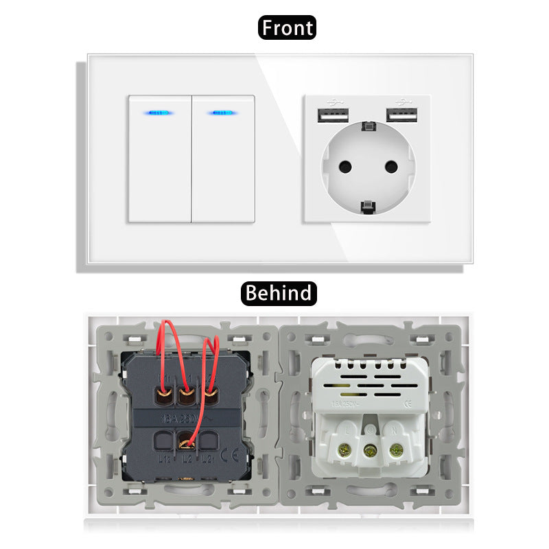 AnjieloSmart 220V 16A wall socket with toggle switch and USB port, 153*86 glass panel with light switch