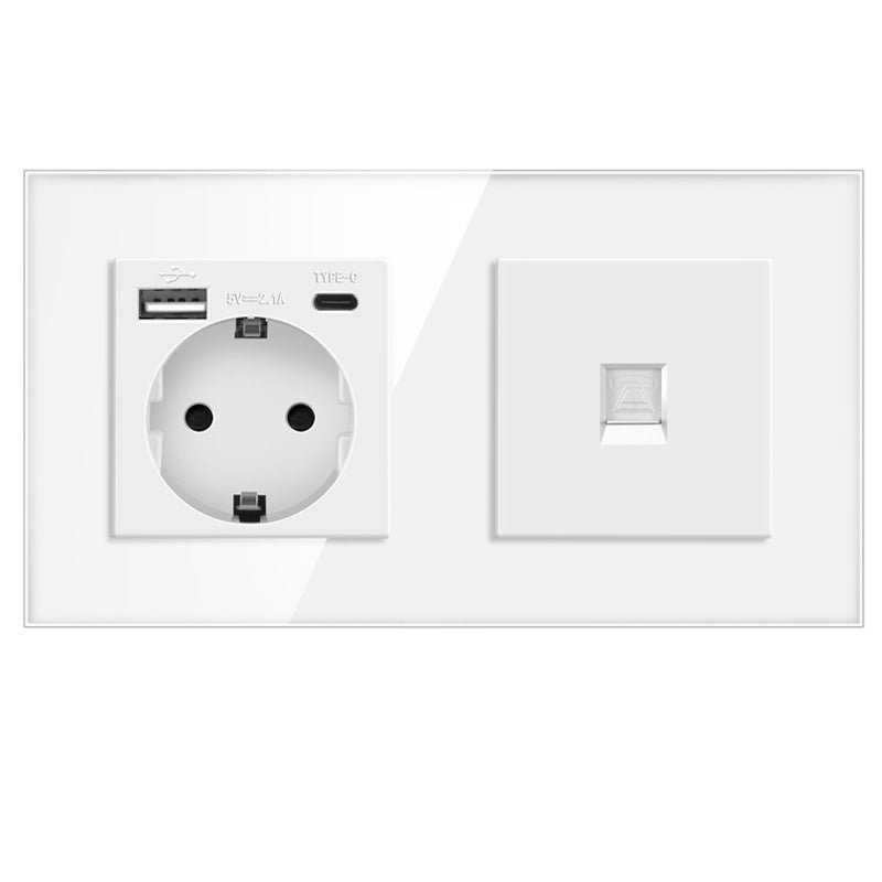 AnjieloSmart European standard 86mm German-style socket + CAT3 TV RJ45 tempered glass wall connector + computer internet