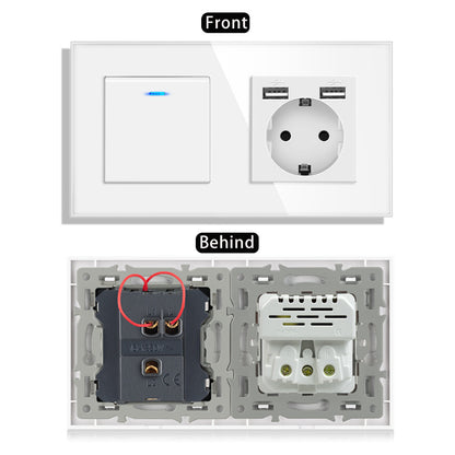 AnjieloSmart 220V 16A wall socket with toggle switch and USB port, 153*86 glass panel with light switch