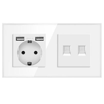AnjieloSmart European standard 86mm German-style socket + CAT3 TV RJ45 tempered glass wall connector + computer internet