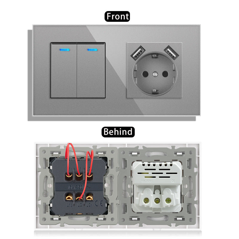 AnjieloSmart 220V 16A wall socket with toggle switch and USB port, 153*86 glass panel with light switch