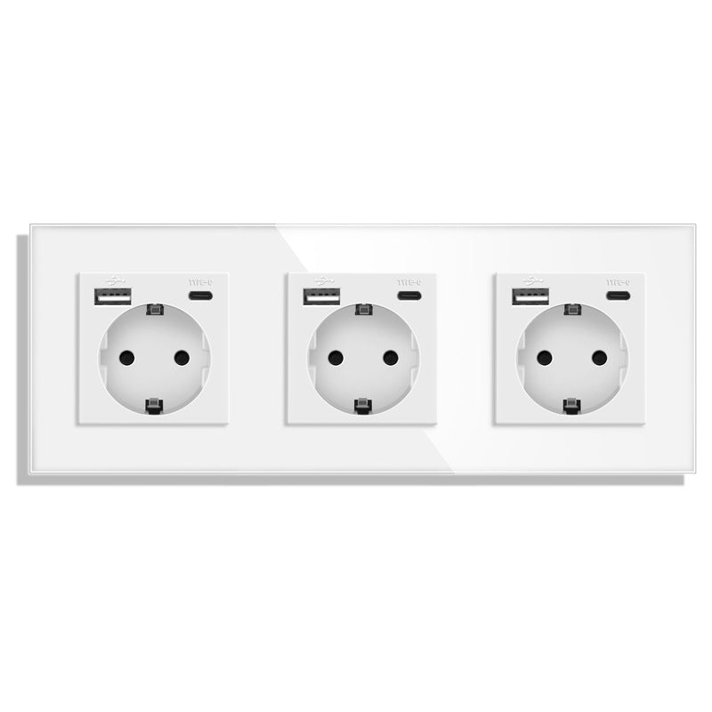 AnjieloSmart Type 82 European standard German-style USB Type-C integrated wall power socket, 16A, concealed mounting, glass panel.