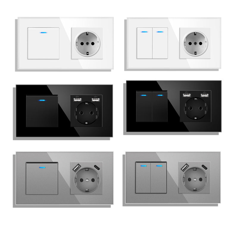 AnjieloSmart 220V 16A wall socket with toggle switch and USB port, 153*86 glass panel with light switch