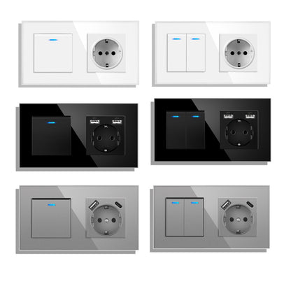AnjieloSmart 220V 16A wall socket with toggle switch and USB port, 153*86 glass panel with light switch