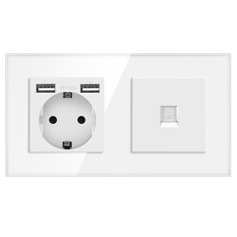 AnjieloSmart European standard 86mm German-style socket + CAT3 TV RJ45 tempered glass wall connector + computer internet