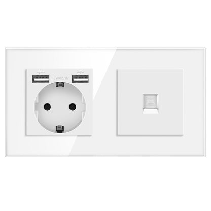 AnjieloSmart European standard 86mm German-style socket + CAT3 TV RJ45 tempered glass wall connector + computer internet