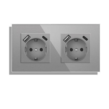 AnjieloSmart Type 82 European standard German-style USB Type-C integrated wall power socket, 16A, concealed mounting, glass panel.