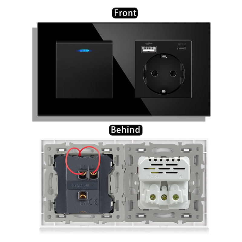 AnjieloSmart 220V 16A wall socket with toggle switch and USB port, 153*86 glass panel with light switch