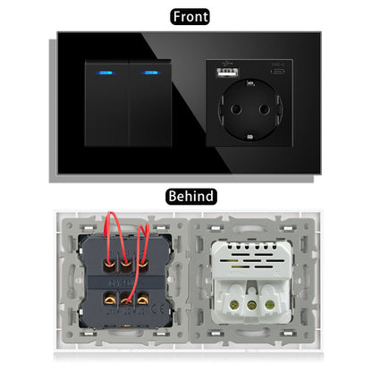AnjieloSmart 220V 16A wall socket with toggle switch and USB port, 153*86 glass panel with light switch