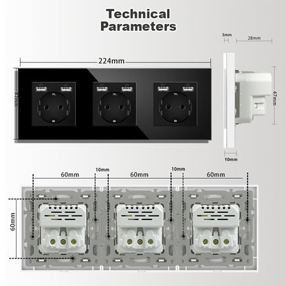 AnjieloSmart European standard German-style USB Type-C wall power socket, 86mm type, 16A, concealed installation, 20W, European standard, glass panel