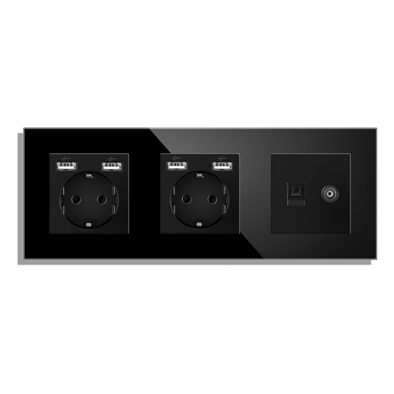 AnjieloSmart Type 82 European standard socket, German style, with USB port, TV/CAT6 internet RJ45 computer connection, and glass frame.
