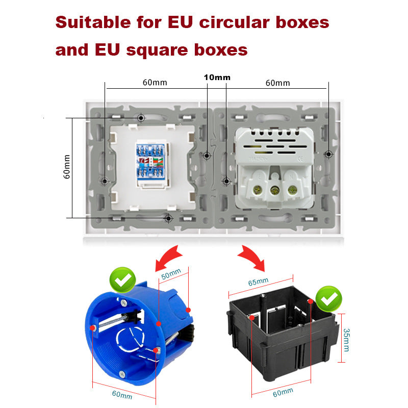AnjieloSmart 53*86mm double wall socket with EU plug, TV and CAT5 internet RJ45 computer connection.