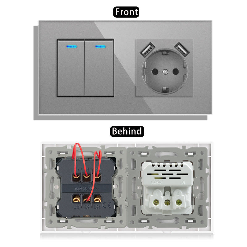 AnjieloSmart 220V 16A wall socket with toggle switch and USB port, 153*86 glass panel with light switch