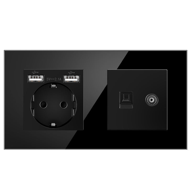 AnjieloSmart European standard 86mm German-style socket + CAT3 TV RJ45 tempered glass wall connector + computer internet