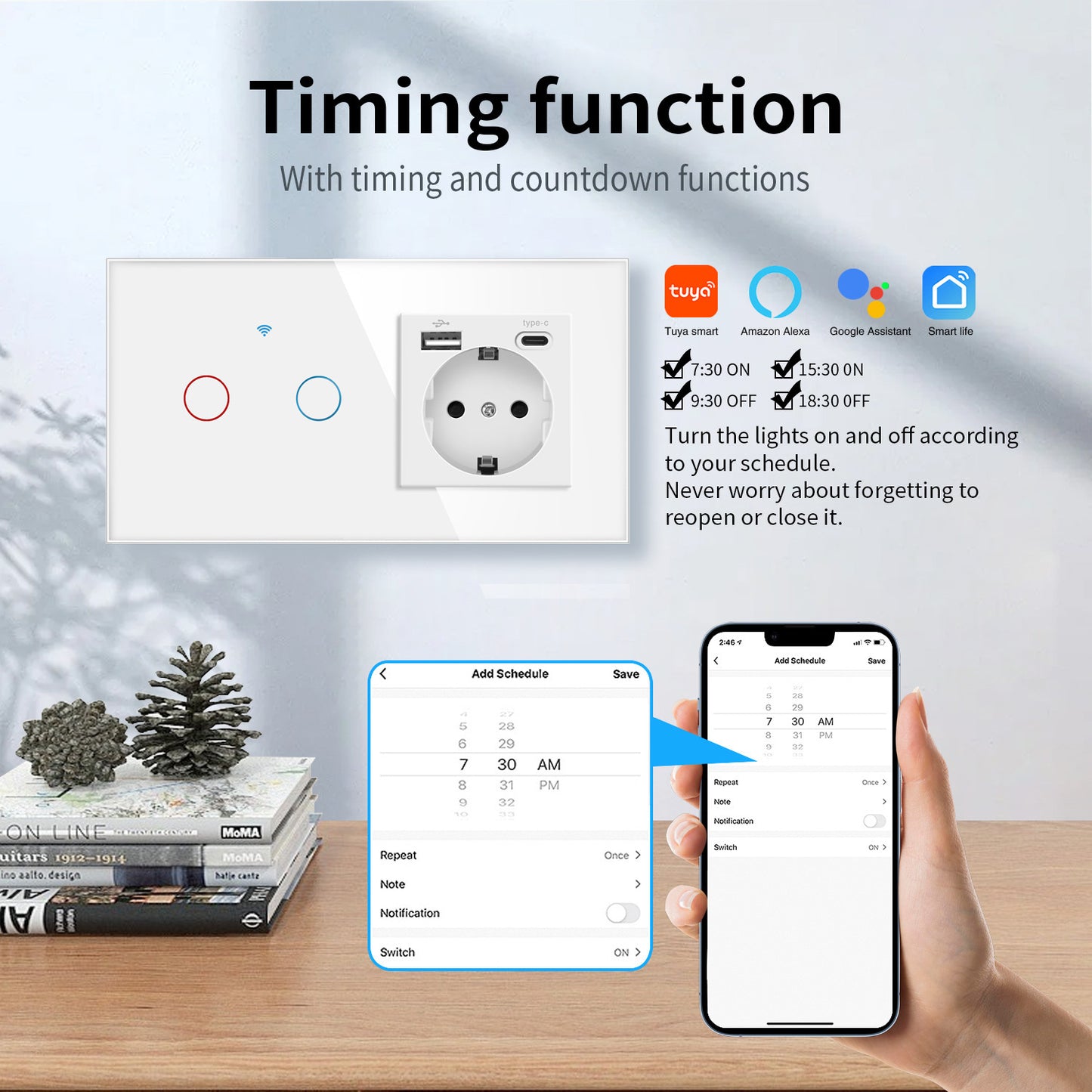 AnjieloSmart 157 European Standard WIFI Smart Switch Socket Single Round Tempered Glass Graffiti APP Voice Switch Panel for Smart Home