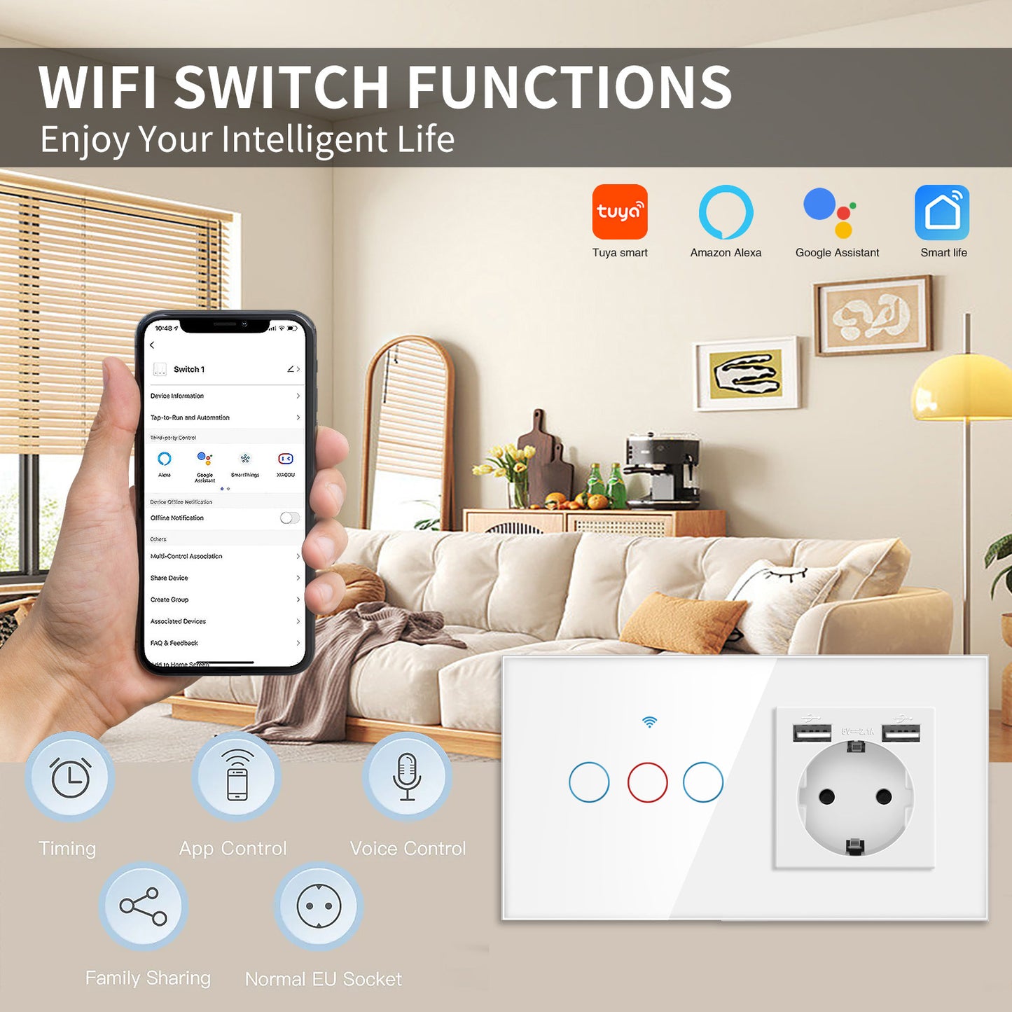 AnjieloSmart 157 European Standard WIFI Smart Switch Socket Single Round Tempered Glass Graffiti APP Voice Switch Panel for Smart Home