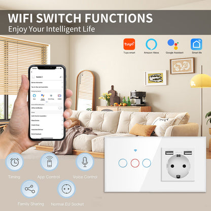 AnjieloSmart 157 European Standard WIFI Smart Switch Socket Single Round Tempered Glass Graffiti APP Voice Switch Panel for Smart Home