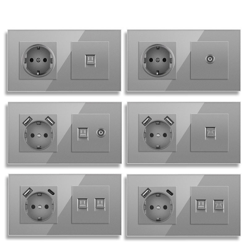 AnjieloSmart European standard 86mm German-style socket + CAT3 TV RJ45 tempered glass wall connector + computer internet