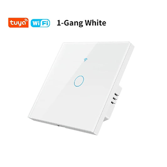 AnjieloSmart Tuya WiFi EU Smart Light Switch, 1/2/3/4 Gang Wall Touch Panel, with/without Neutral Wire options.