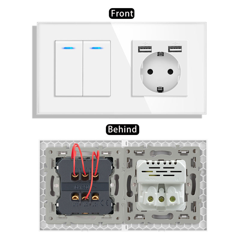 AnjieloSmart 220V 16A wall socket with toggle switch and USB port, 153*86 glass panel with light switch