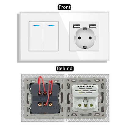 AnjieloSmart 220V 16A wall socket with toggle switch and USB port, 153*86 glass panel with light switch