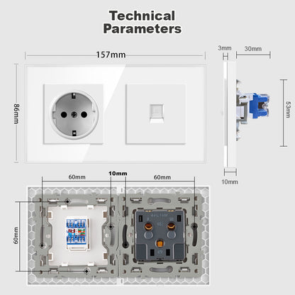AnjieloSmart European standard 86mm German-style socket + CAT3 TV RJ45 tempered glass wall connector + computer internet