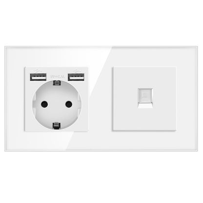 AnjieloSmart European standard 86mm German-style socket + CAT3 TV RJ45 tempered glass wall connector + computer internet